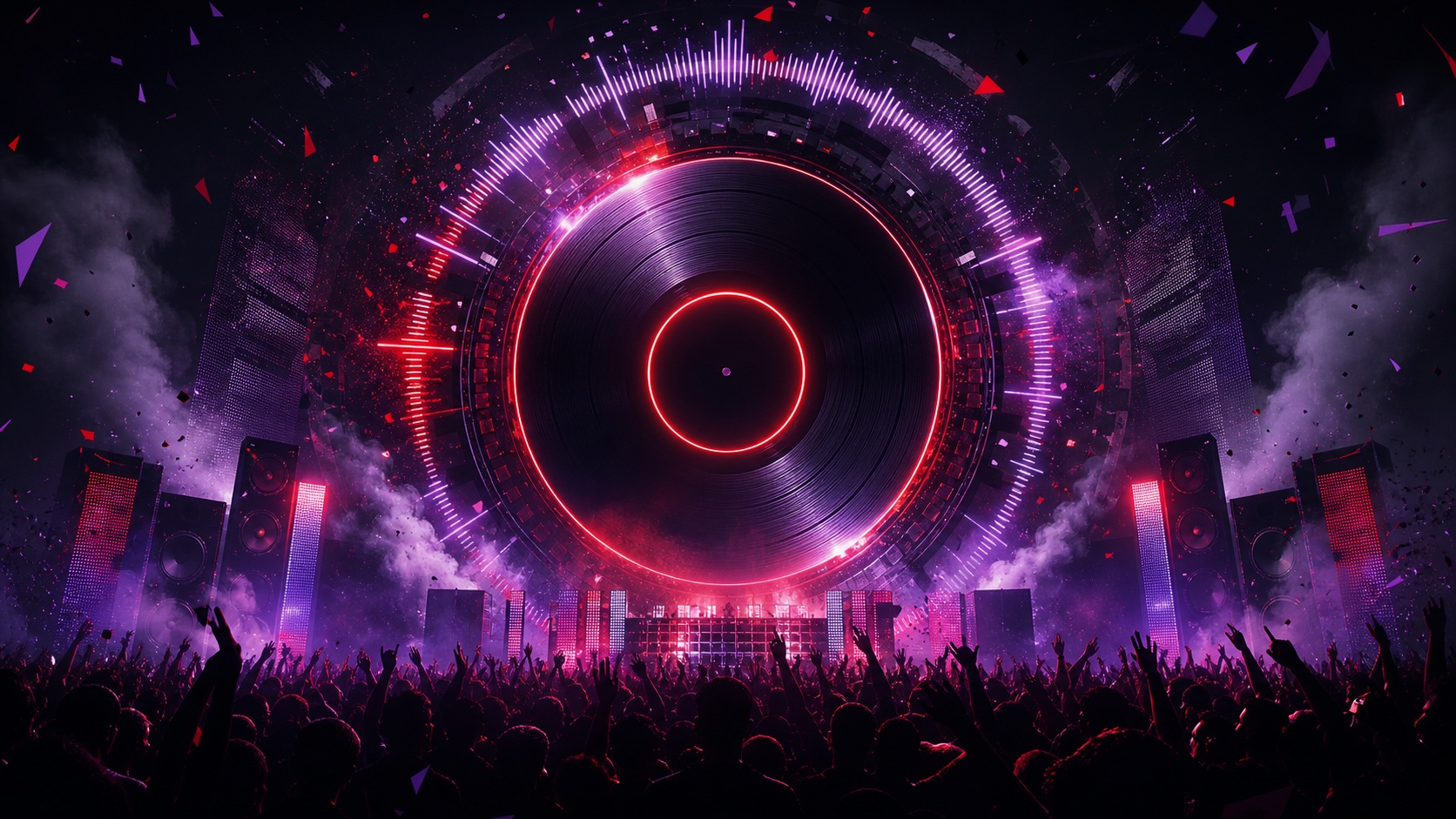 Abstract Hypermania Records stage with a neon vinyl portal